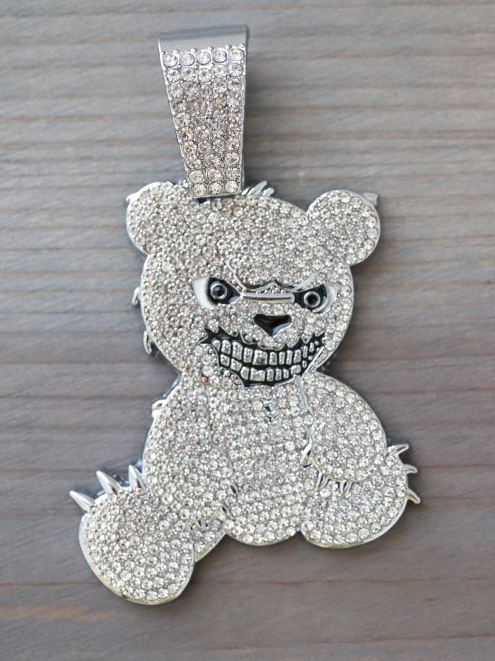 Angry Bear Ice Style with Rhinestones Pendant Silver Plated
